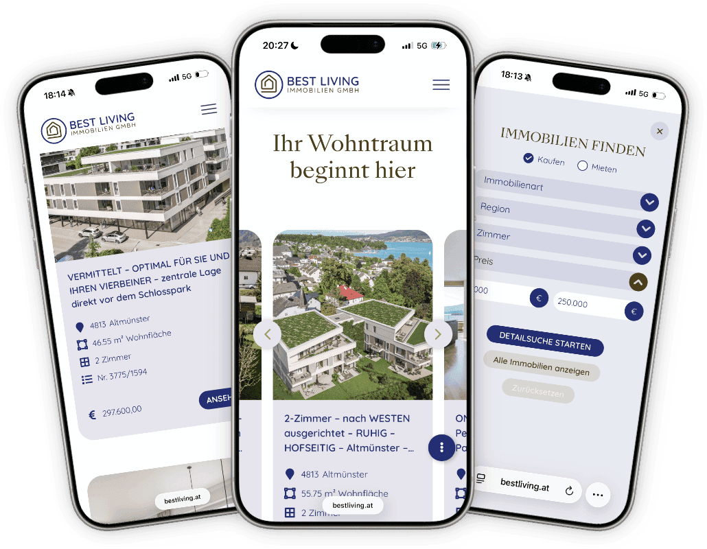 Drei Smartphones mit Website-Referenz