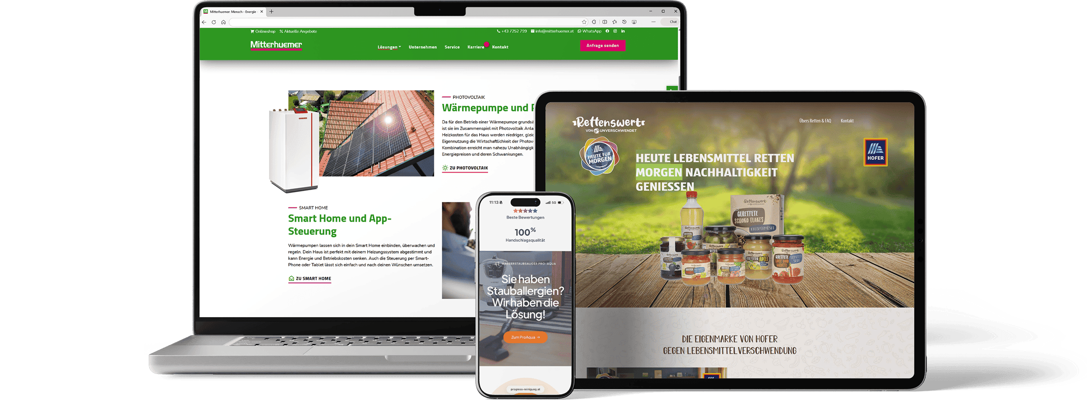 Laptop, iPad, Smartphone zeigen Websites